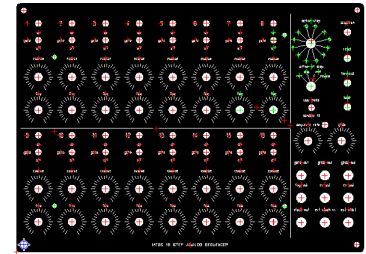 A small preview of John Ibbotson's black one-piece panel: two rows of eight steps, each with white knob scales and red and green hole markers, a control section on the right with the mode selectors, buttons, rate and glide knobs and a jack field, and MFOS 16 STEP ANALOG SEQUENCER along the bottom.