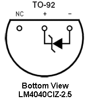 Pinout, TO-92 package, Bottom View, LM4040CIZ-2.5: three pins left to right, NC (no connection), plus and minus, with the reference symbol between plus and minus.