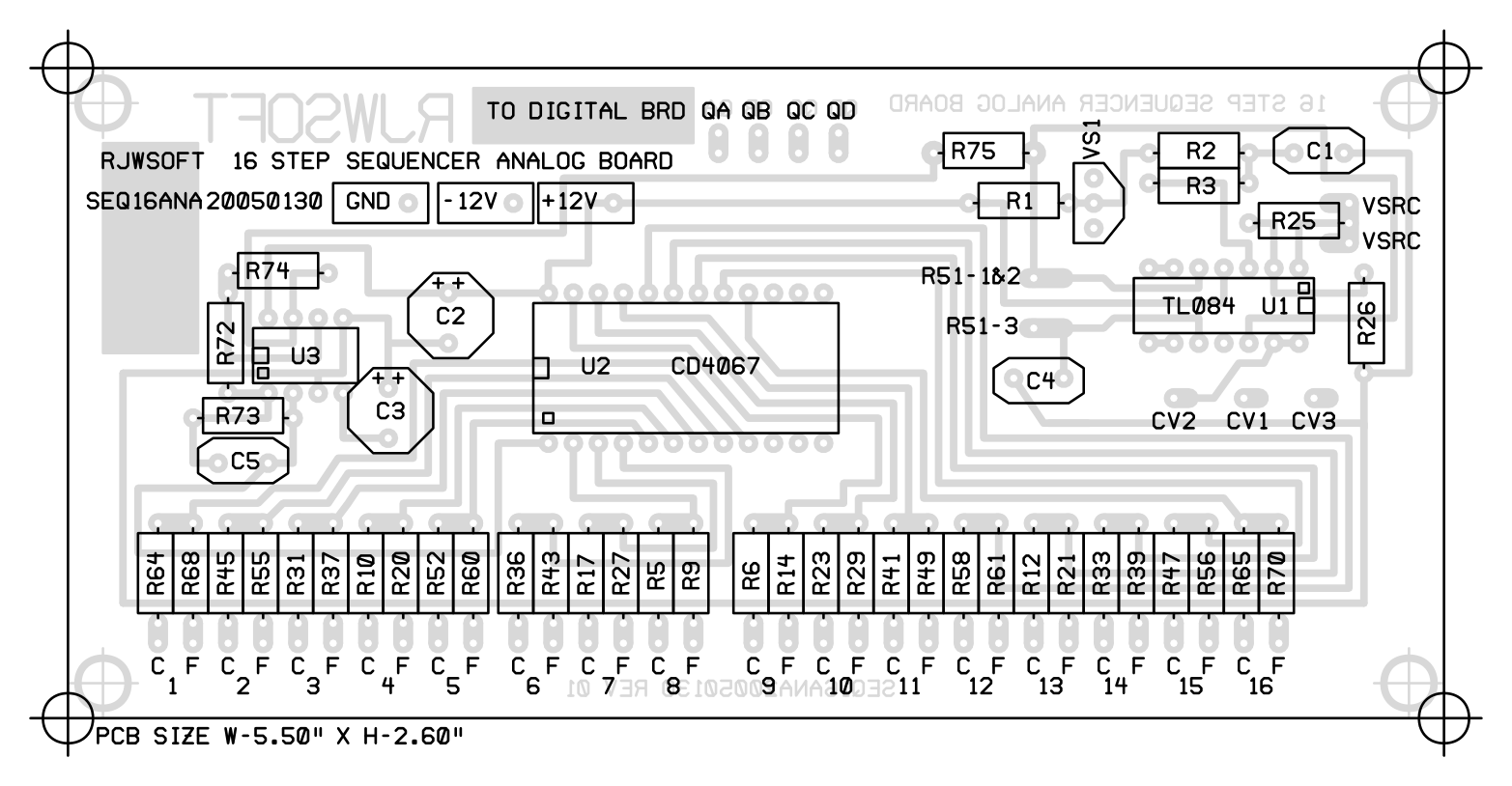 Analog board parts layout, ghosted copper behind the silkscreen, PCB size W-5.50 inches x H-2.60 inches. The CD4067 U2 sits in the middle with TL082 U3 and electrolytics C2 and C3 to its left and TL084 U1, VS1, R1 to R3, R25, R26, C1 and C4 to its right. GND, -12V and +12V pads sit top left, QA to QD pads top center, CV1 to CV3 and VSRC right. Along the bottom, the thirty-two channel mixing resistors stand in a row from R64 and R68 to R65 and R70, above sixteen C and F pad pairs numbered 1 to 16.