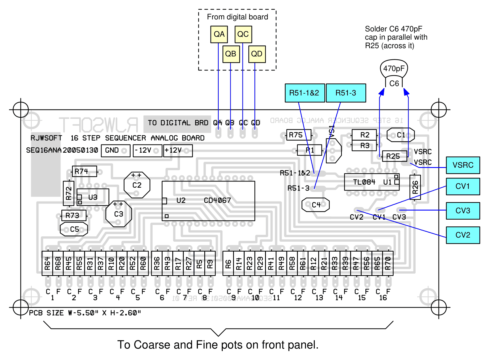 The analog board parts layout (silkscreen RJWSOFT 16 STEP SEQUENCER ANALOG BOARD, SEQ16ANA20050130, PCB size W-5.50 inches x H-2.60 inches) with tags showing the wiring: QA, QB, QC and QD from the digital board at the top; R51-1&2 and R51-3 for the portamento pot; VSRC, CV1, CV2 and CV3 at right; and along the bottom edge sixteen pairs of pads marked C and F, numbered 1 to 16, To Coarse and Fine pots on front panel. A note reads: Solder C6 470pF cap in parallel with R25 (across it), with arrows to R25's two pads.