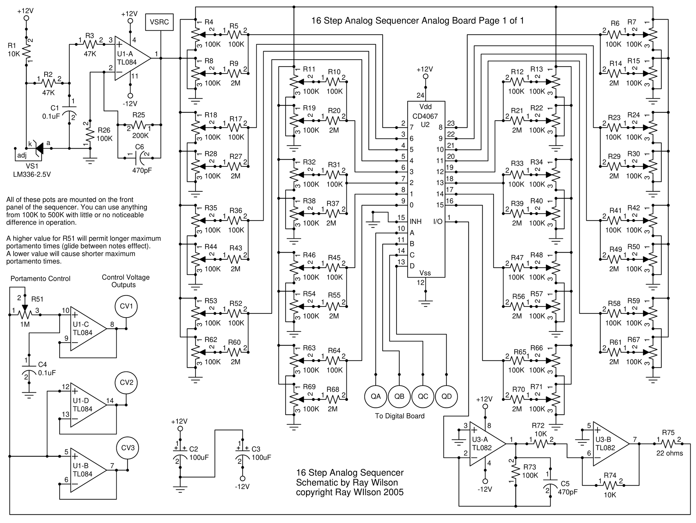 Schematic titled 16 Step Analog Sequencer Analog Board Page 1 of 1. Top left, the LM336-2.5V reference VS1 (fed through R1 10K, R2 and R3 47K, C1 0.1uF) drives TL084 op amp U1-A with R26 100K and R25 200K, C6 470pF across R25, producing VSRC. In the middle, the CD4067 multiplexer U2 takes QA to QD on its A to D pins from the digital board, INH grounded. Its sixteen channel pins each connect to one step's pair of 100K front-panel pots, coarse through a 100K resistor and fine through a 2M resistor, all pots fed from VSRC and grounded at the other end; the pairs run R4 to R71. U2's common I/O pin feeds TL082 inverting summer U3-A (R73 100K with C5 470pF) and inverting buffer U3-B (R72 and R74 10K), then R75 22 ohms. That output drives voltage followers U1-D and U1-B to CV2 and CV3, and through the 1M Portamento Control pot R51 and C4 0.1uF into follower U1-C for CV1. C2 and C3 100uF bypass the +12V and -12V rails. Notes read: All of these pots are mounted on the front panel of the sequencer. You can use anything from 100K to 500K with little or no noticeable difference in operation. A higher value for R51 will permit longer maximum portamento times (glide between notes efffect). A lower value will cause shorter maximum portamento times.