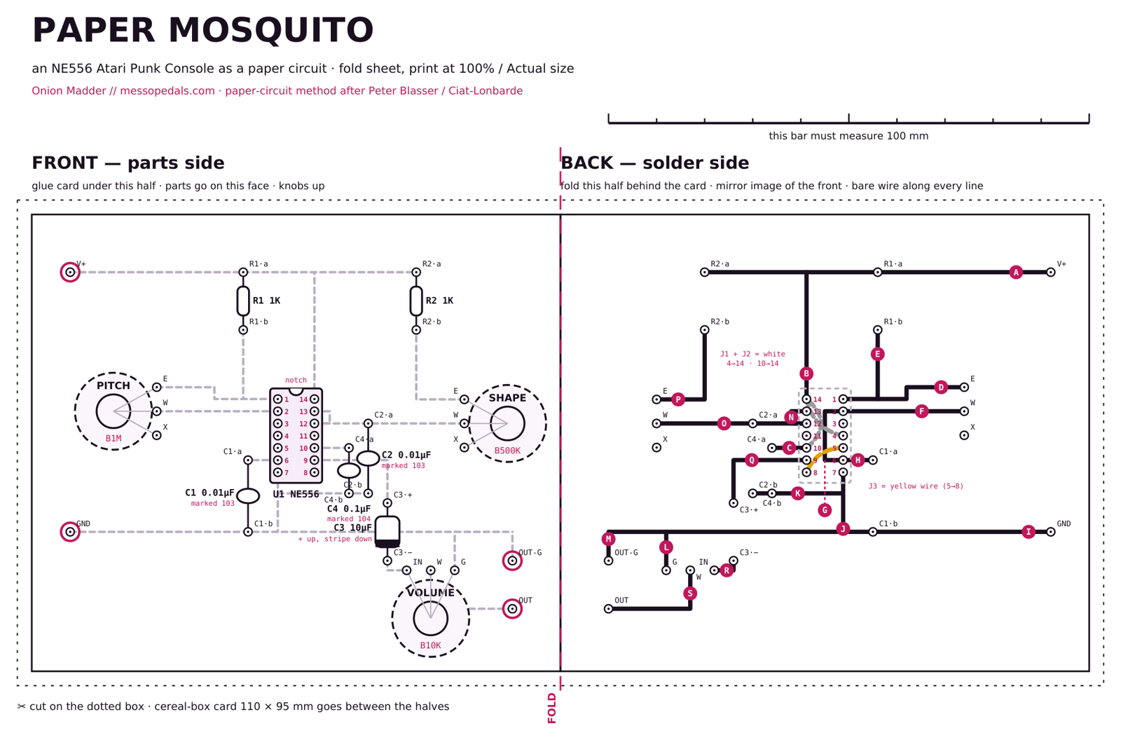 The fold sheet, page 1 of the build sheet. The title reads Paper Mosquito, with a 100 millimeter scale bar at the top right. Inside a dotted cutting box are two halves split by a pink fold line. The left half, FRONT - parts side, draws each part where it sits: the NE556 socket in the middle with pins 1 to 14 numbered, R1 and R2 1K at the top, C1, C2, C4 and the 10 microfarad C3 around the chip, PITCH B1M at the left, SHAPE B500K at the right and VOLUME B10K at the bottom, each pot with its holes labeled, and four ringed holes for V+, GND, OUT and OUT-G. Faint dashed gray lines preview the connections. The right half, BACK - solder side, is the mirror image, with bold black traces tagged with pink letters A to S, a long V+ bus along the top and a ground bus along the bottom, and short gray and yellow arcs for the insulated wires J1, J2 and J3 at the socket.
