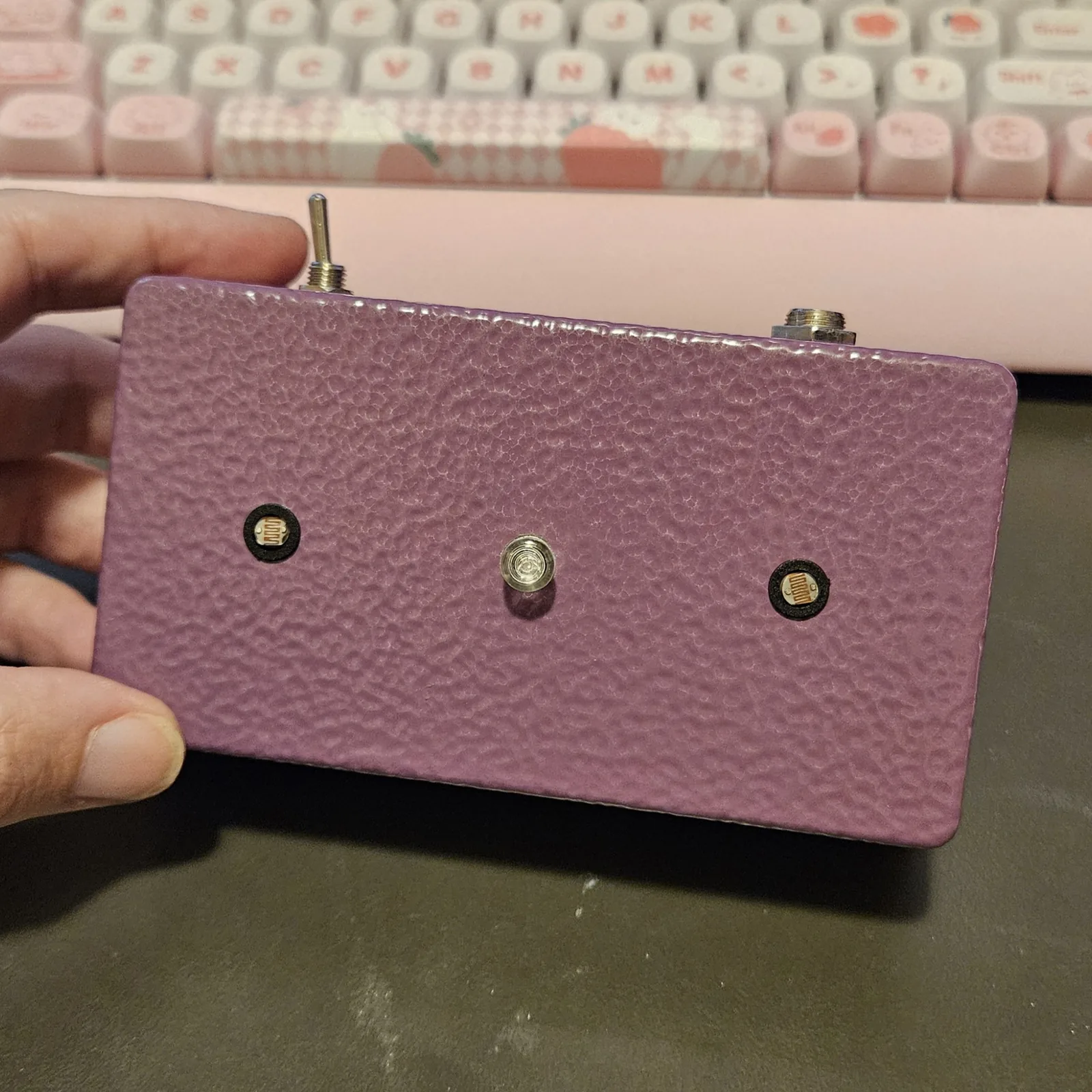 The finished pedal held face up: a purple hammered-finish enclosure in landscape, with two photocells and a clear LED spaced in a row across the middle of the face, a silver toggle switch standing up from the top left edge and a quarter-inch jack at the top right.