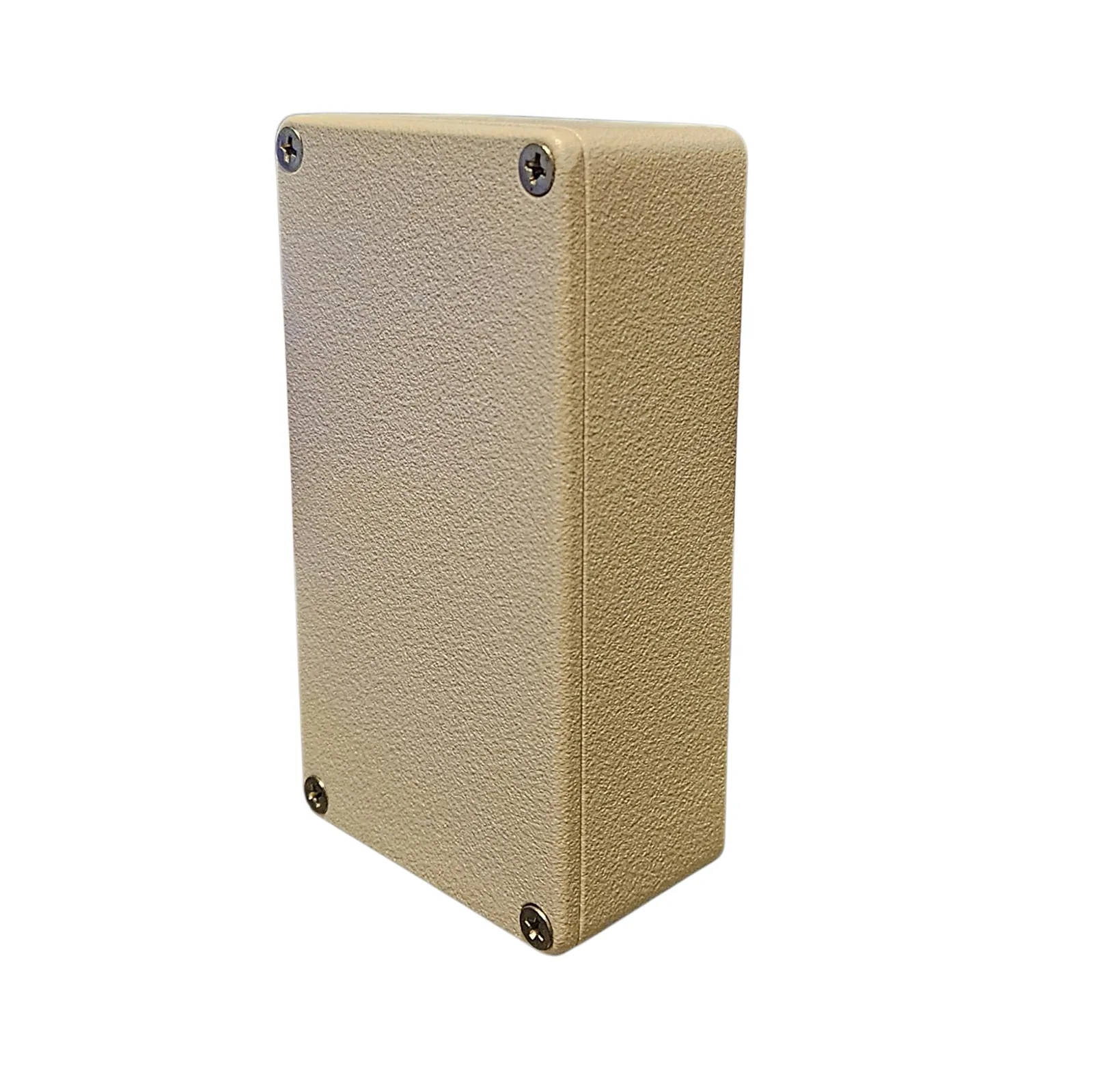 The back of The Groaner, an upright textured sand-colored aluminum box against white: a plain back plate held on by four screws, one in each corner, and nothing else.