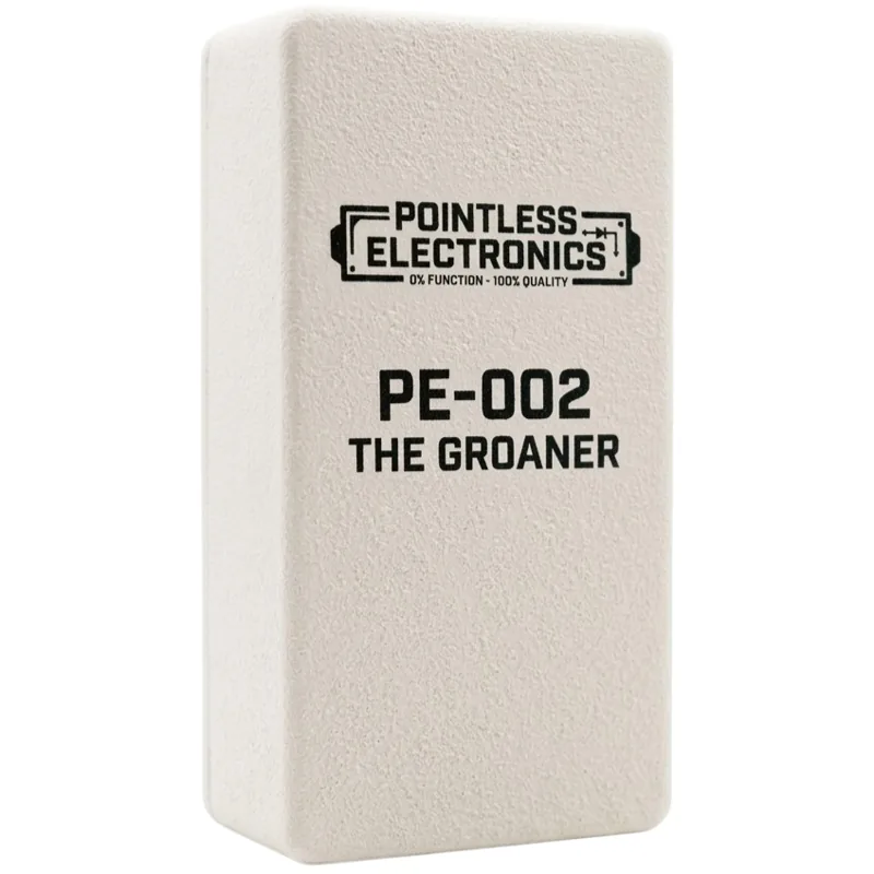 An upright white box with a lightly textured finish, seen face on. The face carries a Pointless Electronics logo with the line 0% function, 100% quality, and below it PE-002 THE GROANER printed in black. Nothing else is on it: no button, no light, no knob.