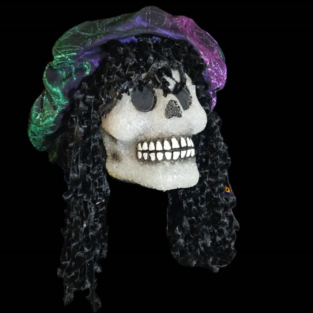 Bent Brooks, front view — a decorated skull with a crystalline white finish, long black ringlet curls, and a draped iridescent purple-and-green cap, built to look like Brook the singing skeleton from One Piece.