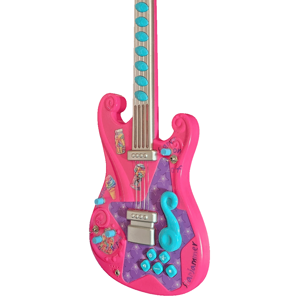 Starjammer, front view — pink and purple star-covered circuit-bent Toys 'R' Us Dream Dazzlers toy guitar with added blue bend knobs, candy-jar decorations, a whammy bar, and a line-out jack.