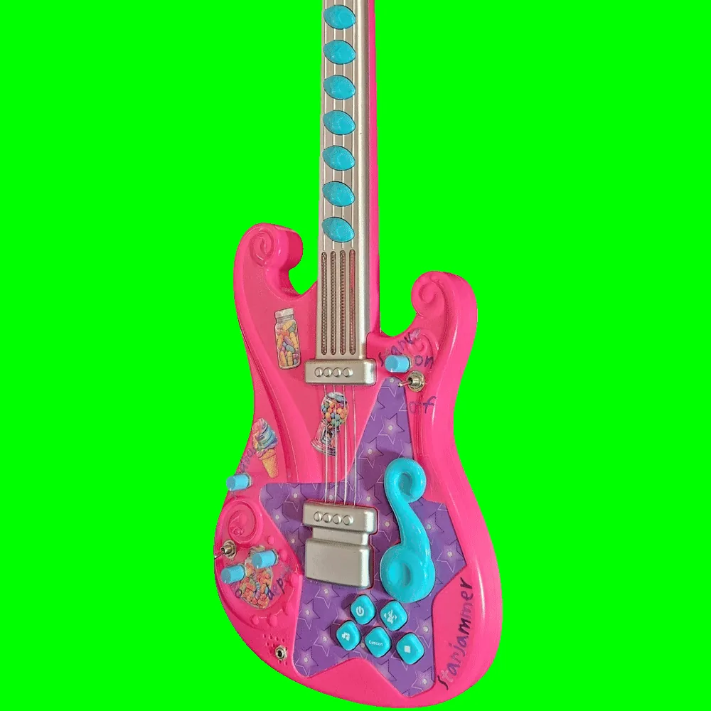 Starjammer, front view - pink and purple star-covered circuit-bent Toys 'R' Us Dream Dazzlers toy guitar with added blue bend knobs, candy-jar decorations, a whammy bar, and a line-out jack.