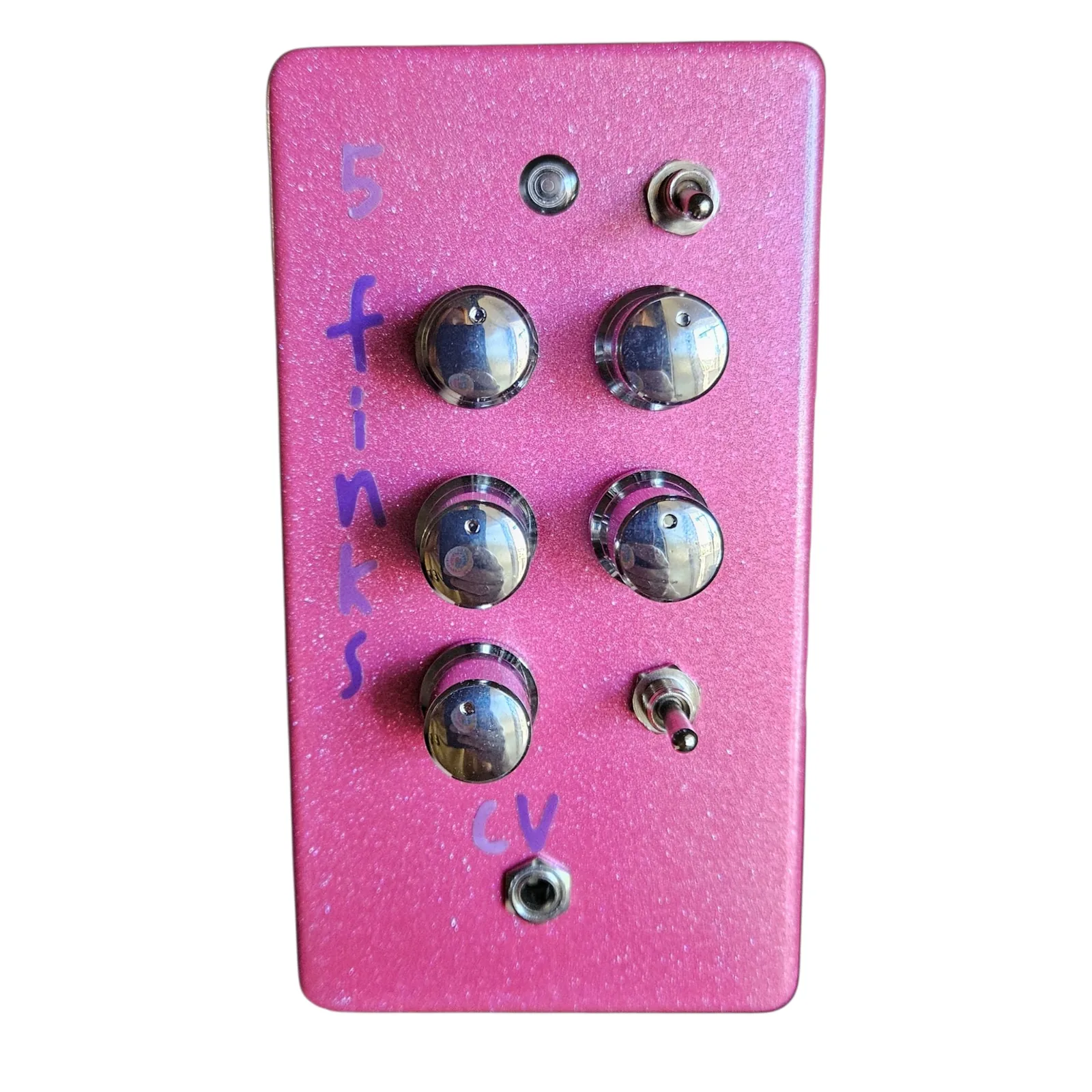 A sparkly hot pink box stood upright, seen face on. 5 finks is hand-lettered in purple down the left edge. An indicator LED and a small toggle sit at the top, four chrome knobs in two rows of two below them, a fifth chrome knob with a second toggle beside it, cv lettered underneath and one small jack at the bottom.
