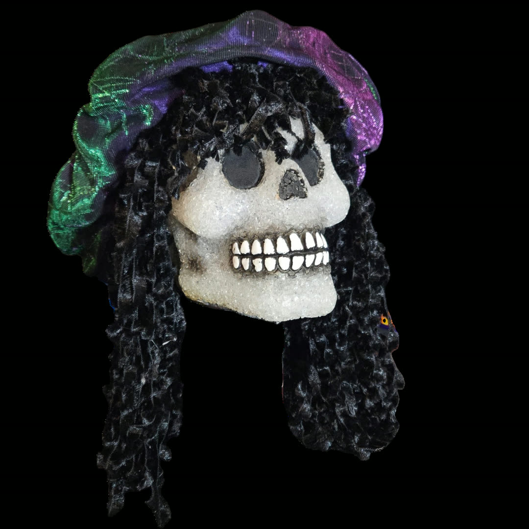 Bent Brooks - a decorated skull with a crystalline white finish, long black ringlet curls, and an iridescent purple-and-green cap, housing a lo-fi ISD1820 sampler module