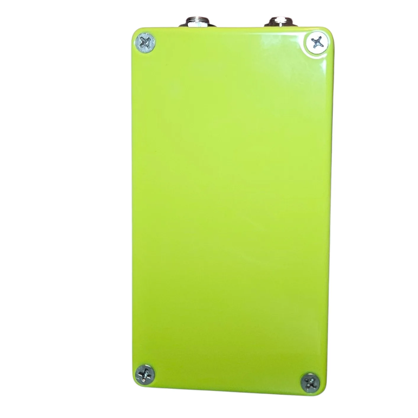 Bzzz pedal, back view showing the neon-yellow-green bottom plate with four corner Phillips screws and no label.
