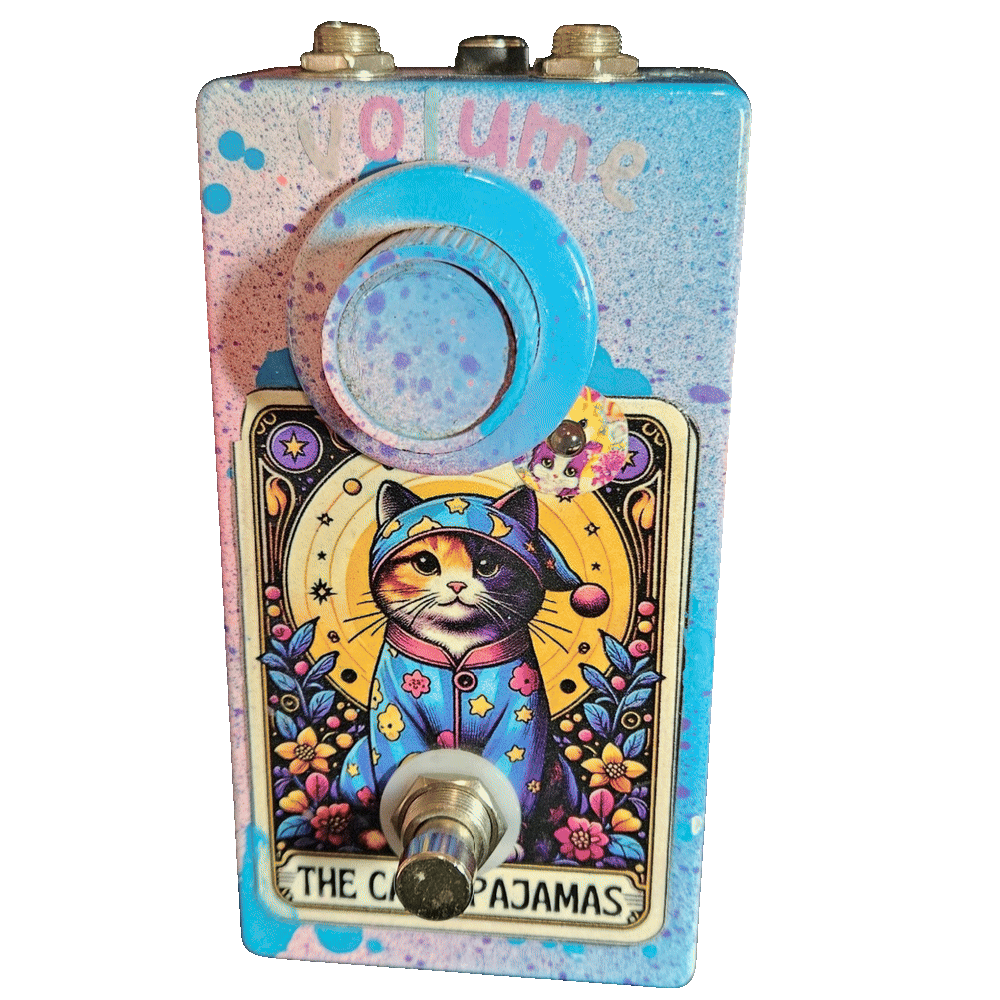 The Cat's Pajamas prototype pedal with tarot-card cat artwork