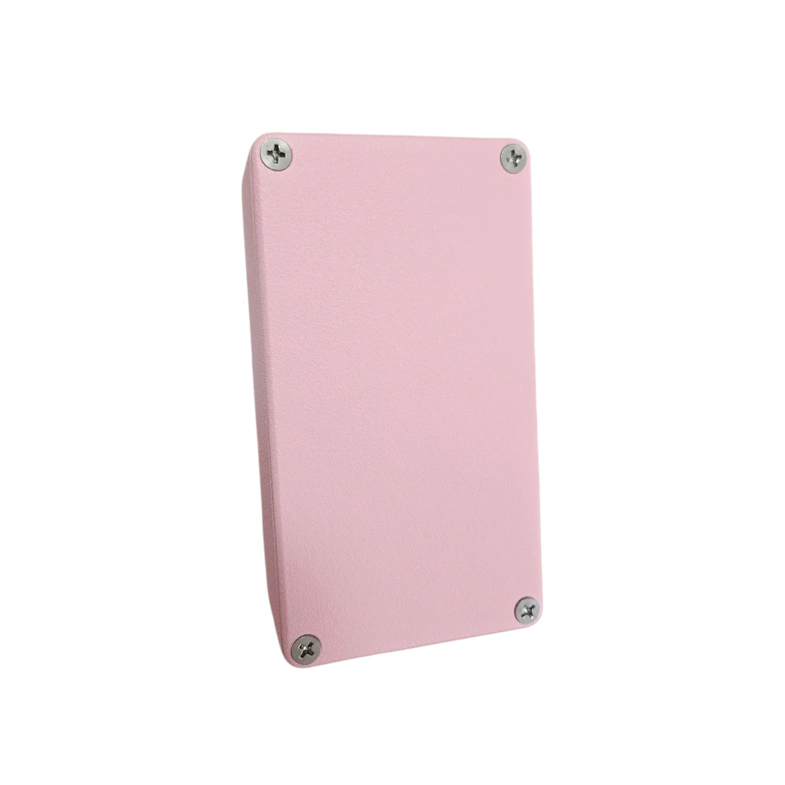 The back of the pink box, a plain plate with no lettering on it, held on by four silver cross-head screws, one at each corner.