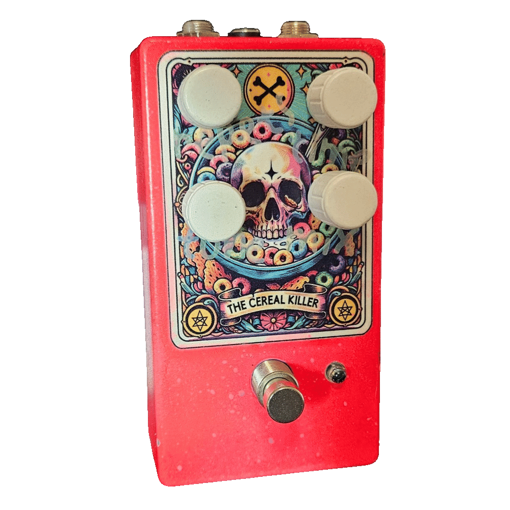 The Cereal Killer prototype pedal - red enclosure with four white knobs and tarot-card skull-in-a-cereal-bowl artwork