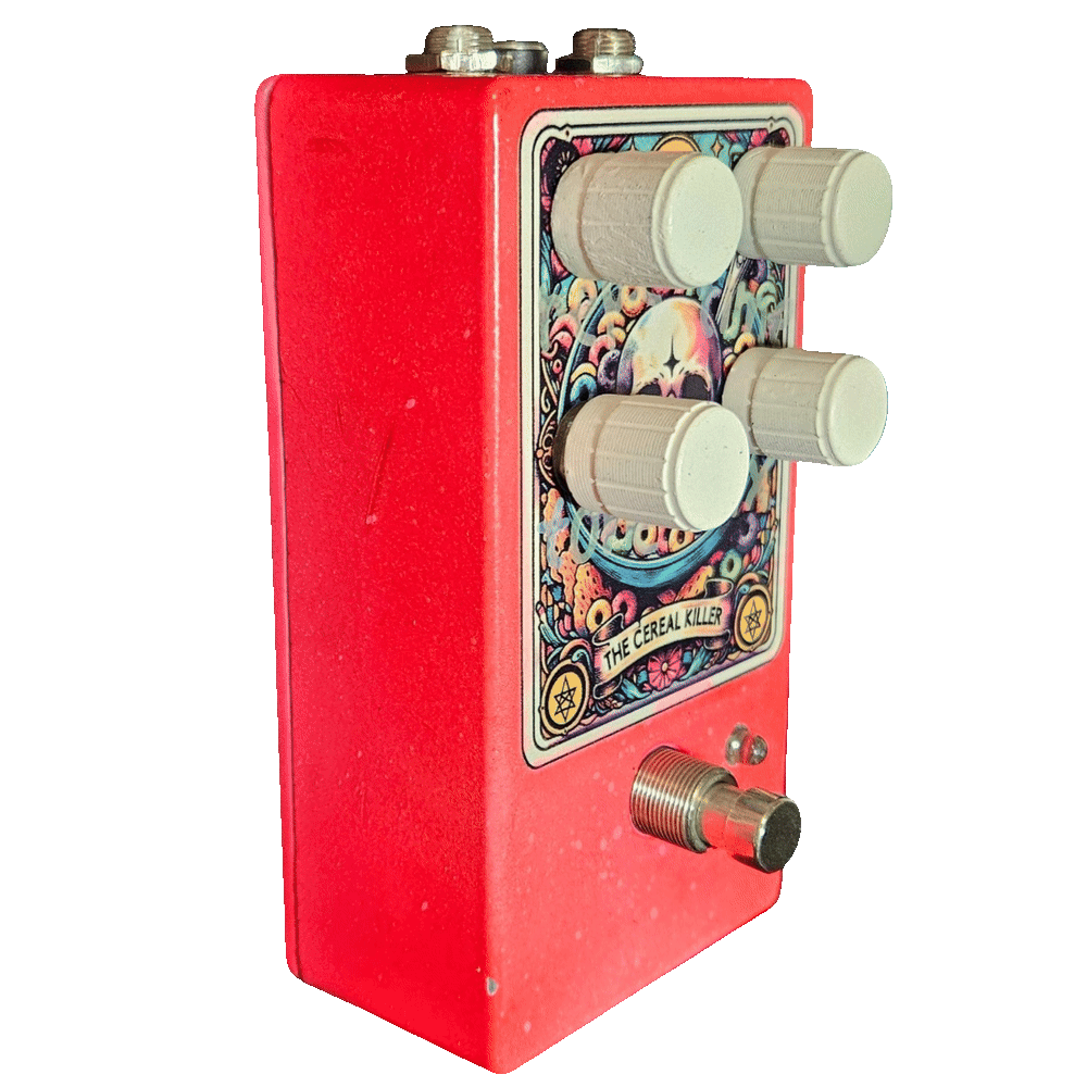 Left side of the pedal: a plain red wall with a few light scuffs, showing the depth of the enclosure and the profile of the four cream knobs standing off the face. The footswitch and a small clear LED sit low on the front.