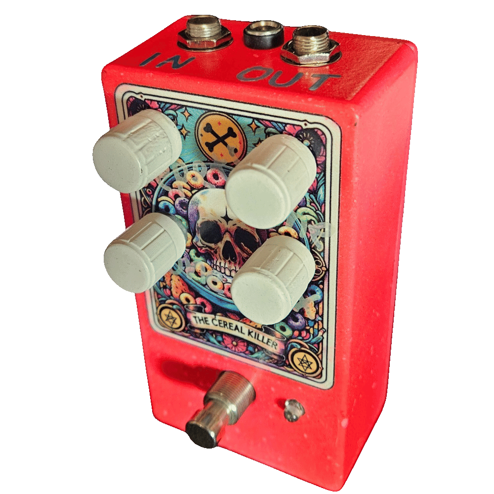 Top-down view of the enclosure: the top edge is stencilled "IN" above the left 1/4-inch jack and "OUT" above the right, with a DC power jack centred between them. The four ribbed cream knobs sit in two rows of two over the tarot card; they carry no printed labels on the enclosure, and are Time, Repeats, Mix and Tone.