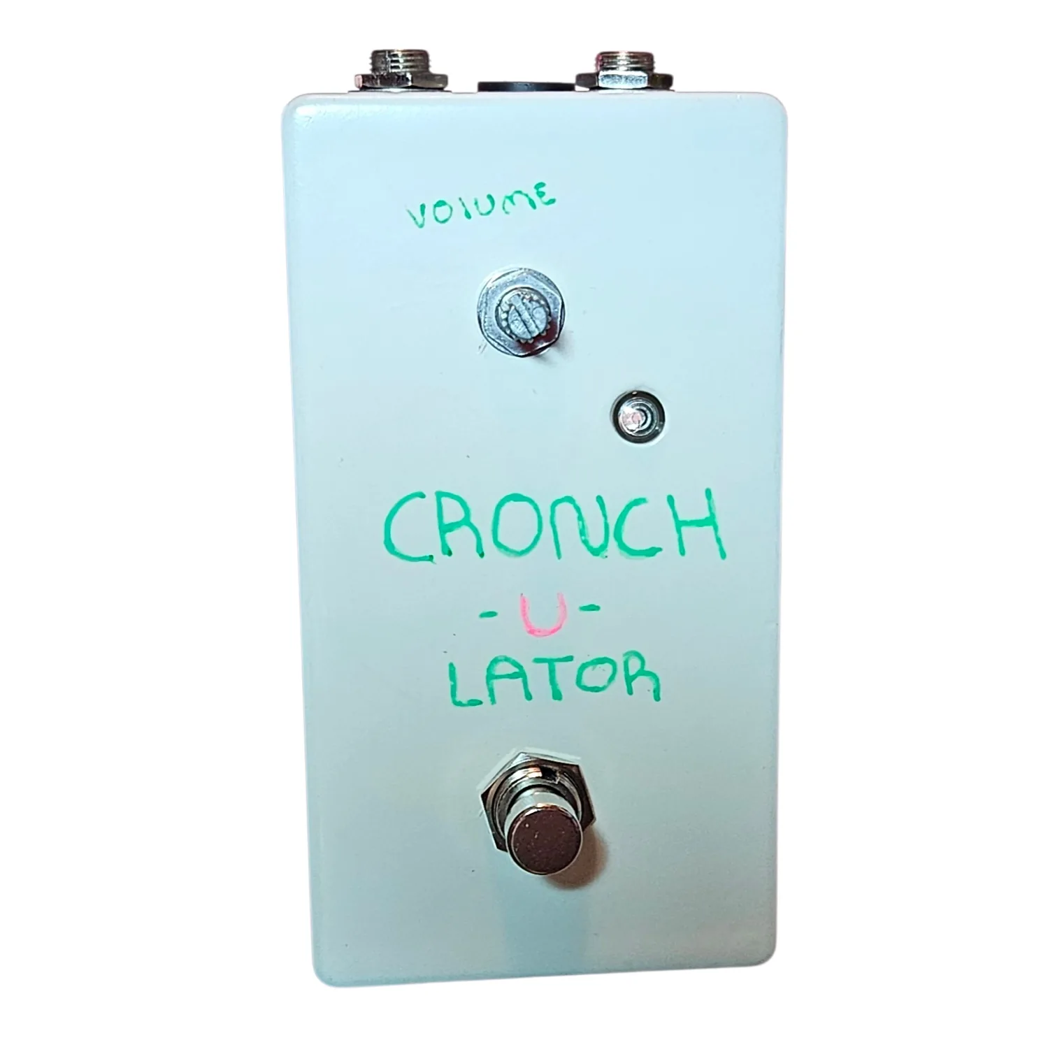 Cronch-u-lator pedal, front view - a pale pastel-blue enclosure with a single silver knob at the top labeled VOLUME in hand-lettered green marker, a small pink LED, and a 3PDT footswitch below hand-lettered CRONCH -u- LATOR (CRONCH and LATOR in green, U in pink).