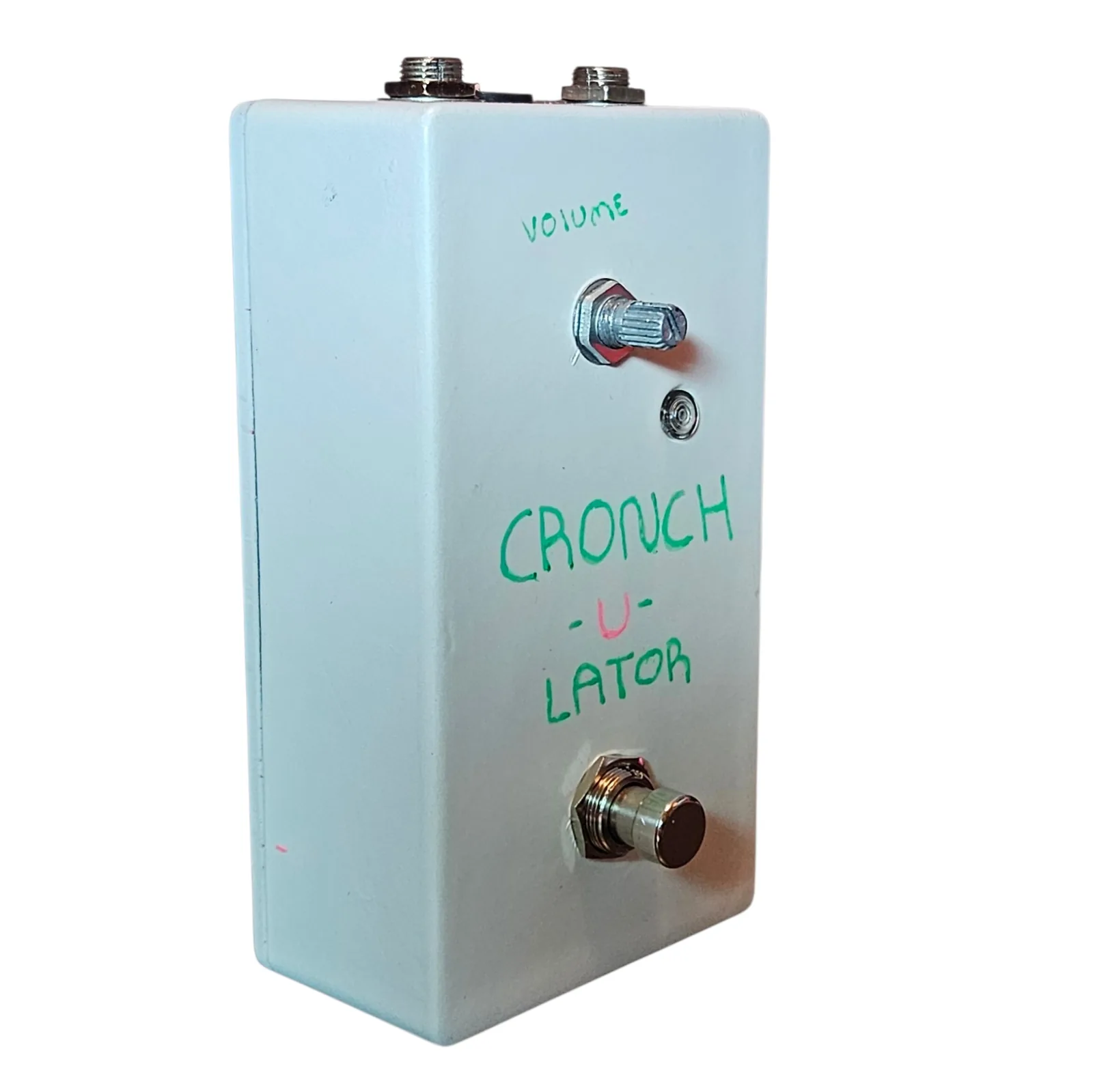 Cronch-u-lator pedal, angled left-side view showing the enclosure depth and the single Volume knob foreshortened.