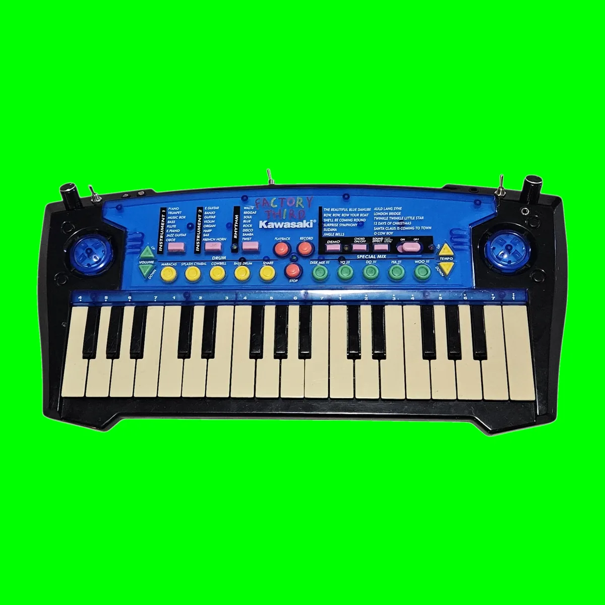 Factory Third - a circuit-bent late-1990s Kawasaki toy keyboard, black with a bright blue control panel of original 1990s graphics and 32 keys, FACTORY THIRD hand-lettered across the panel in colored marker, and two added black knobs and three toggle switches along the top edge