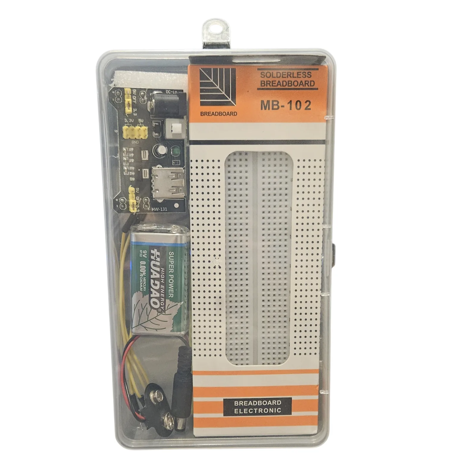 A clear hinged case seen from above, packed with a full-size white solderless breadboard, a small green power module, a nine-volt battery, a battery snap and a bundle of jumper wires.