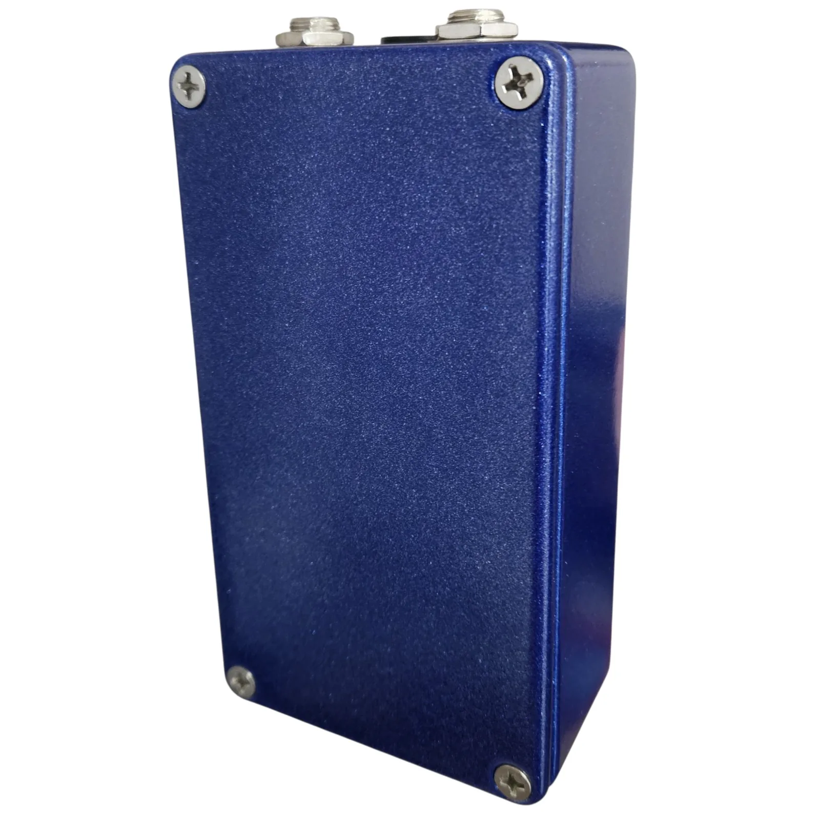 The plain back of the pedal, blue sparkle with no markings, four cross-head screws at the corners and the nuts of the top-edge jacks visible along the top.