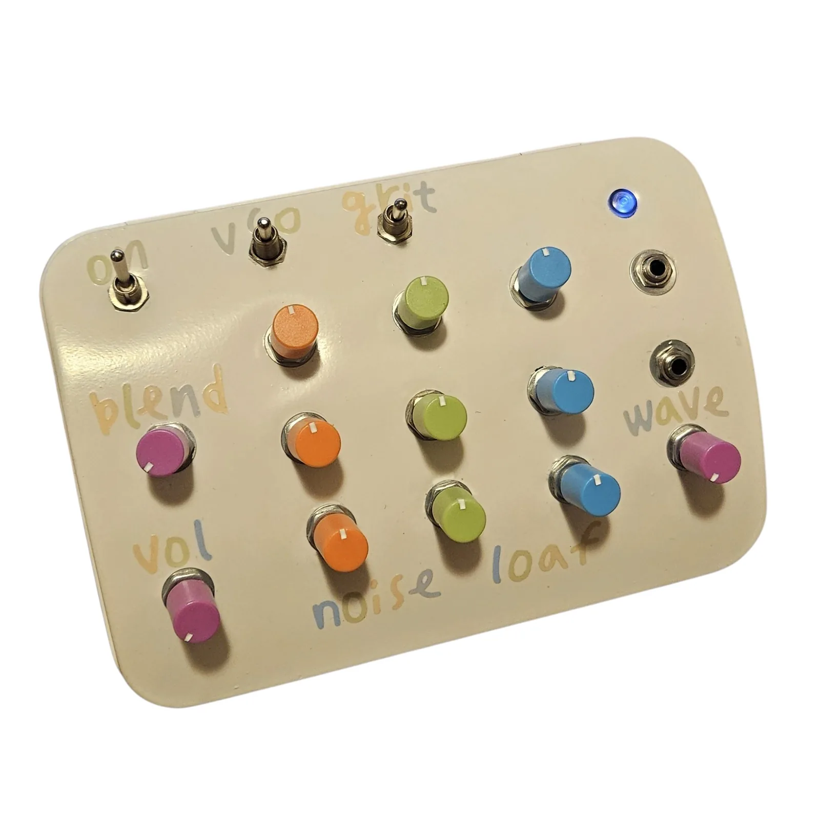 A cream-painted rectangular tin photographed from above and to one side, its lid crowded with twelve small knobs in pink, orange, green and blue, three of each color. Three chrome toggle switches stand along the top edge, lettered on, vco and grit by hand. A lit LED sits at the top right with two small sockets below it down the right-hand edge. The words blend, vol and wave are lettered beside three of the knobs and noise loaf runs across the bottom in blue and yellow.
