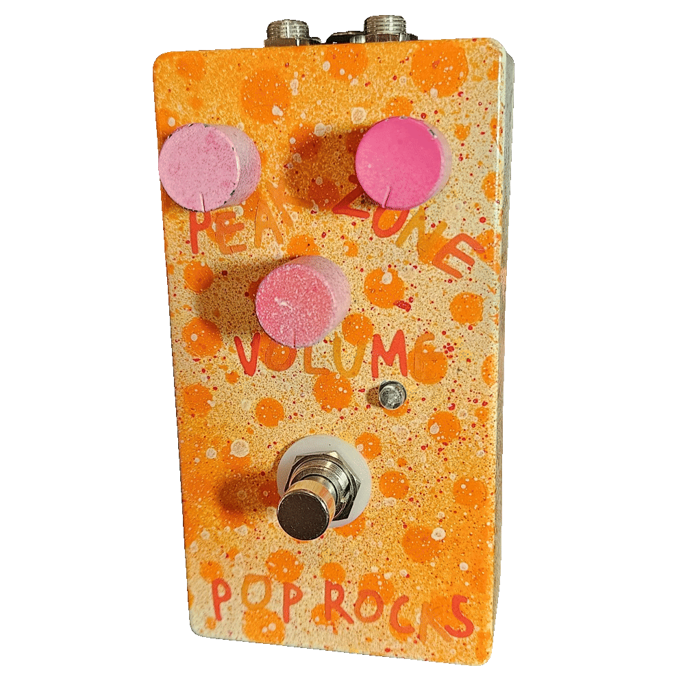 Pop Rocks prototype pedal - orange-fizz fixed-wah with Peak, Zone, and Volume knobs