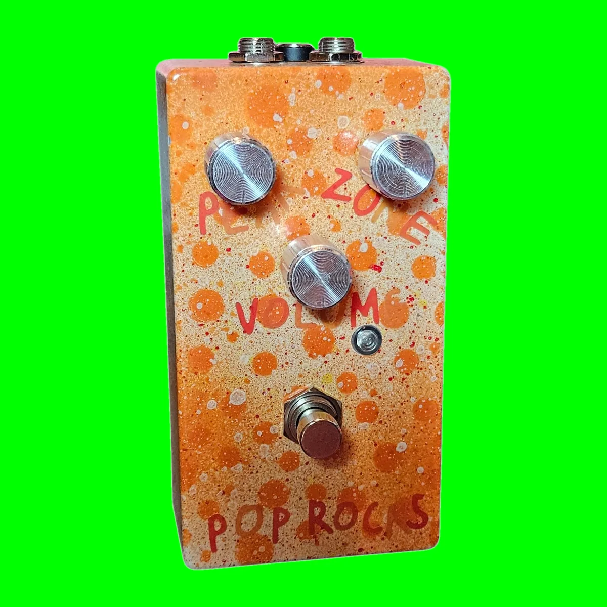 Pop Rocks pedal - orange-fizz speckled fixed-wah filter with Peak, Zone, and Volume knobs