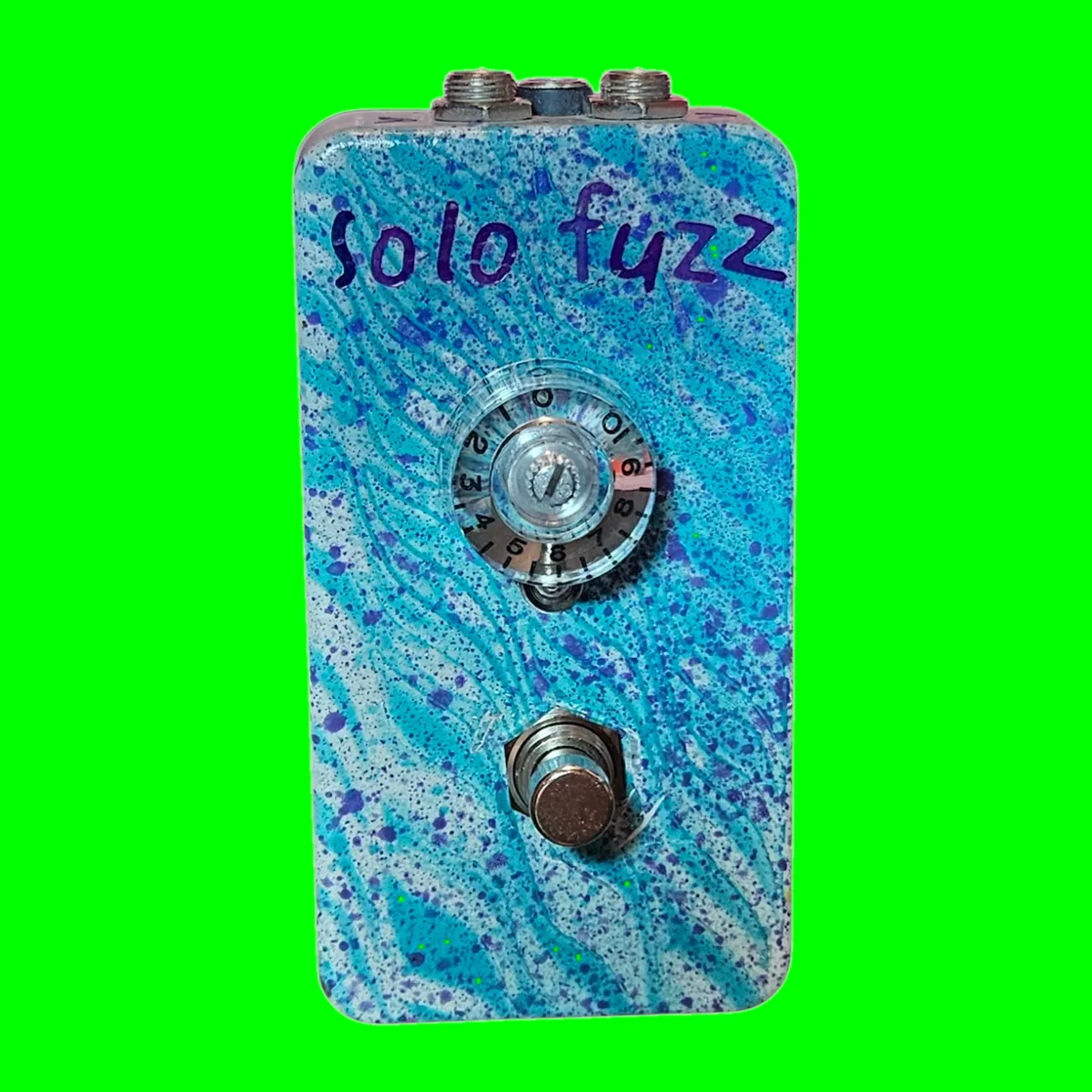 Solo Fuzz pedal - white enclosure with teal and purple splatter and a single purple knob
