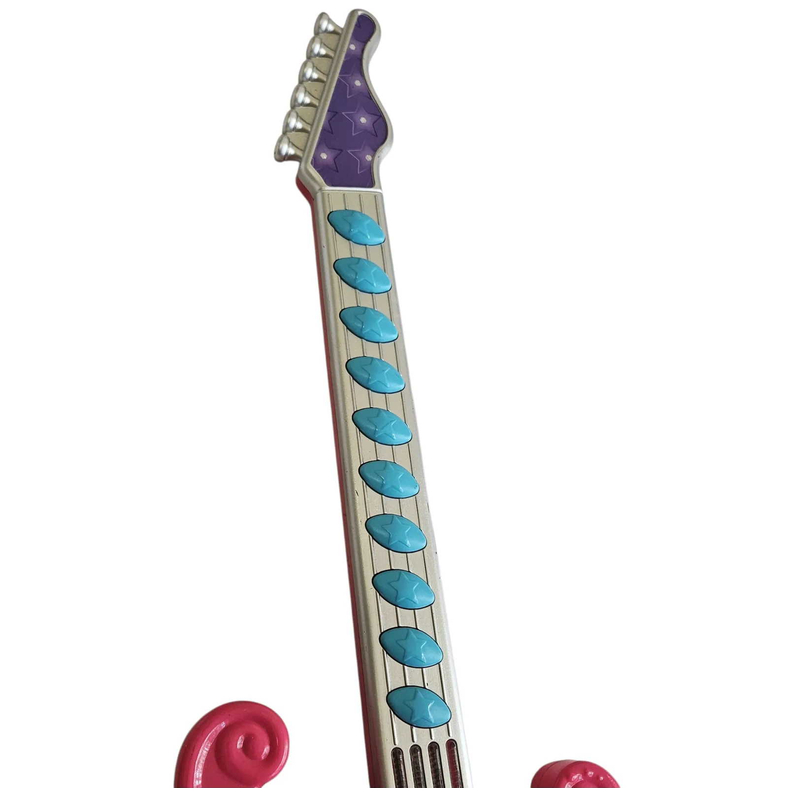 Close on the neck: a cream fretboard with teal oval position markers running its whole length, meeting the purple headstock at the top.