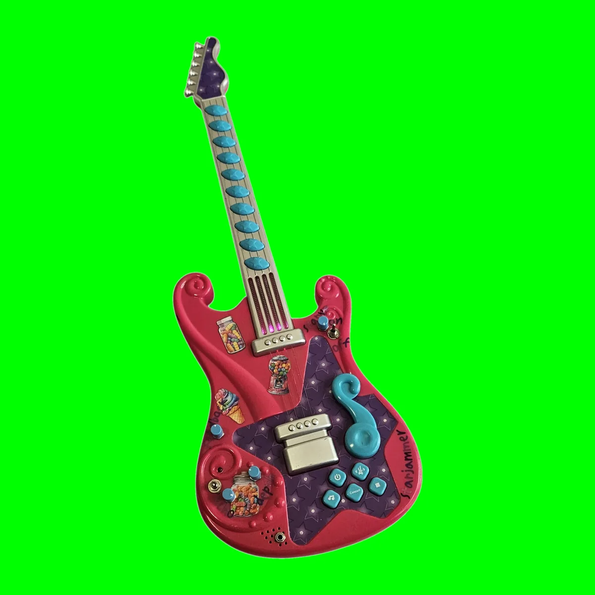 Starjammer - pink and purple star-covered circuit-bent Toys R Us Dream Dazzlers toy guitar with added blue bend knobs, candy decorations, a whammy bar, and a line-out jack