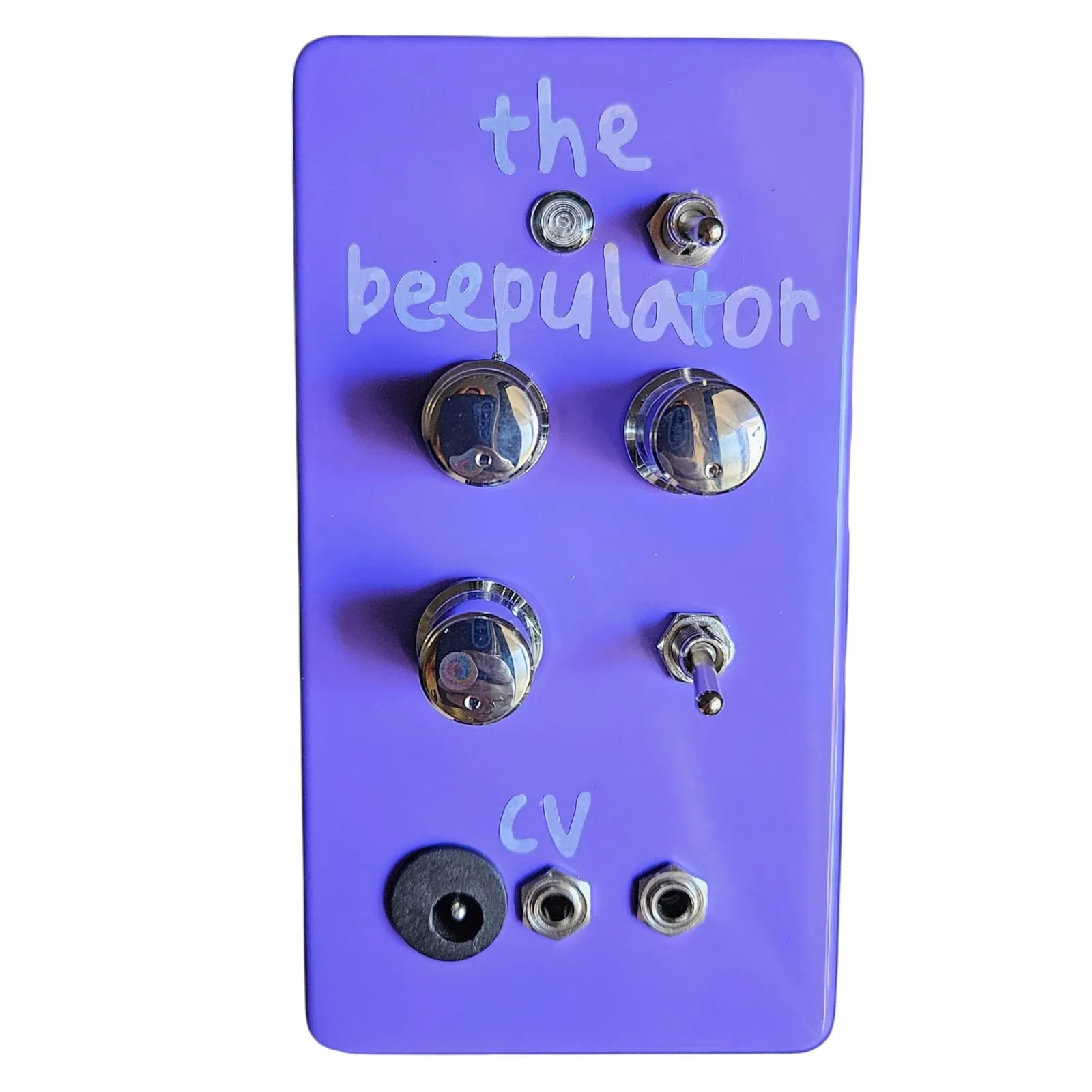 A glossy purple box stood upright, seen face on. the beepulator is hand-lettered across the top in pale lilac. Below it an indicator LED and a small toggle, then two chrome knobs side by side, a third chrome knob with a second toggle beside it, cv lettered underneath, and three jacks in a row along the bottom: the barrel power jack, the CV in and the line out.